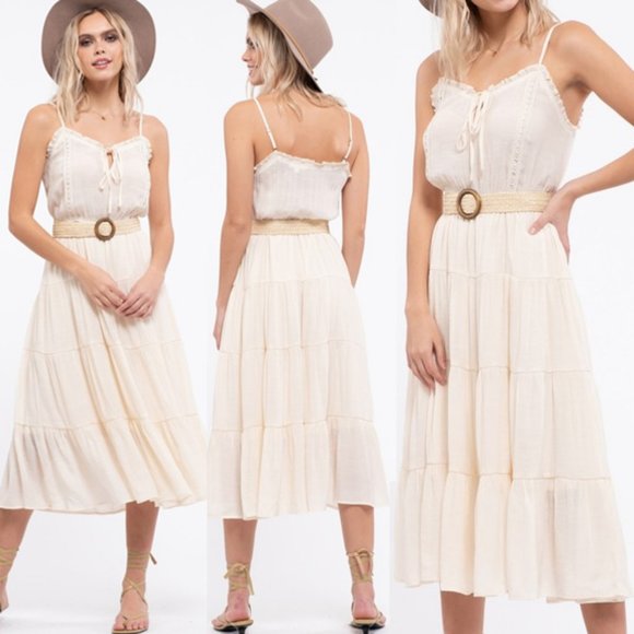 mine Dresses & Skirts - NEW Ivory Stone Boho Tiered Ruffle Trim Midi Dress